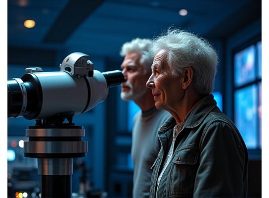 Guests looking through a large telescope at a modern observatory.