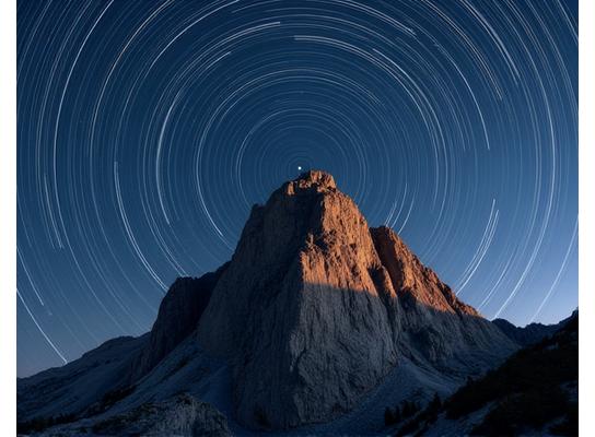 Long exposure photograph of star trails above a majestic mountain peak.